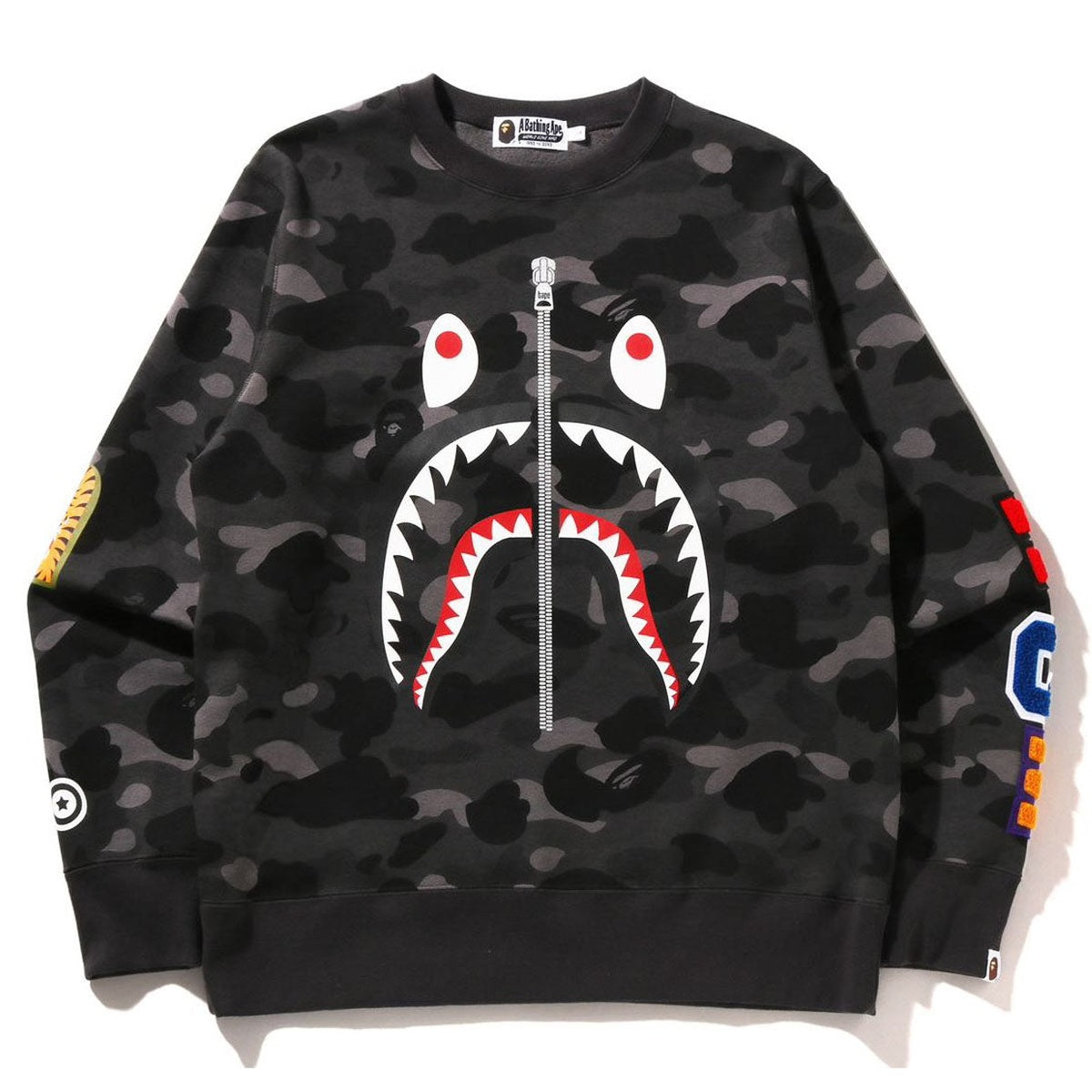 A BATHING APE BAPE COLOR CAMO SHARK CREWNECK SWEAT SHIRT BLACK