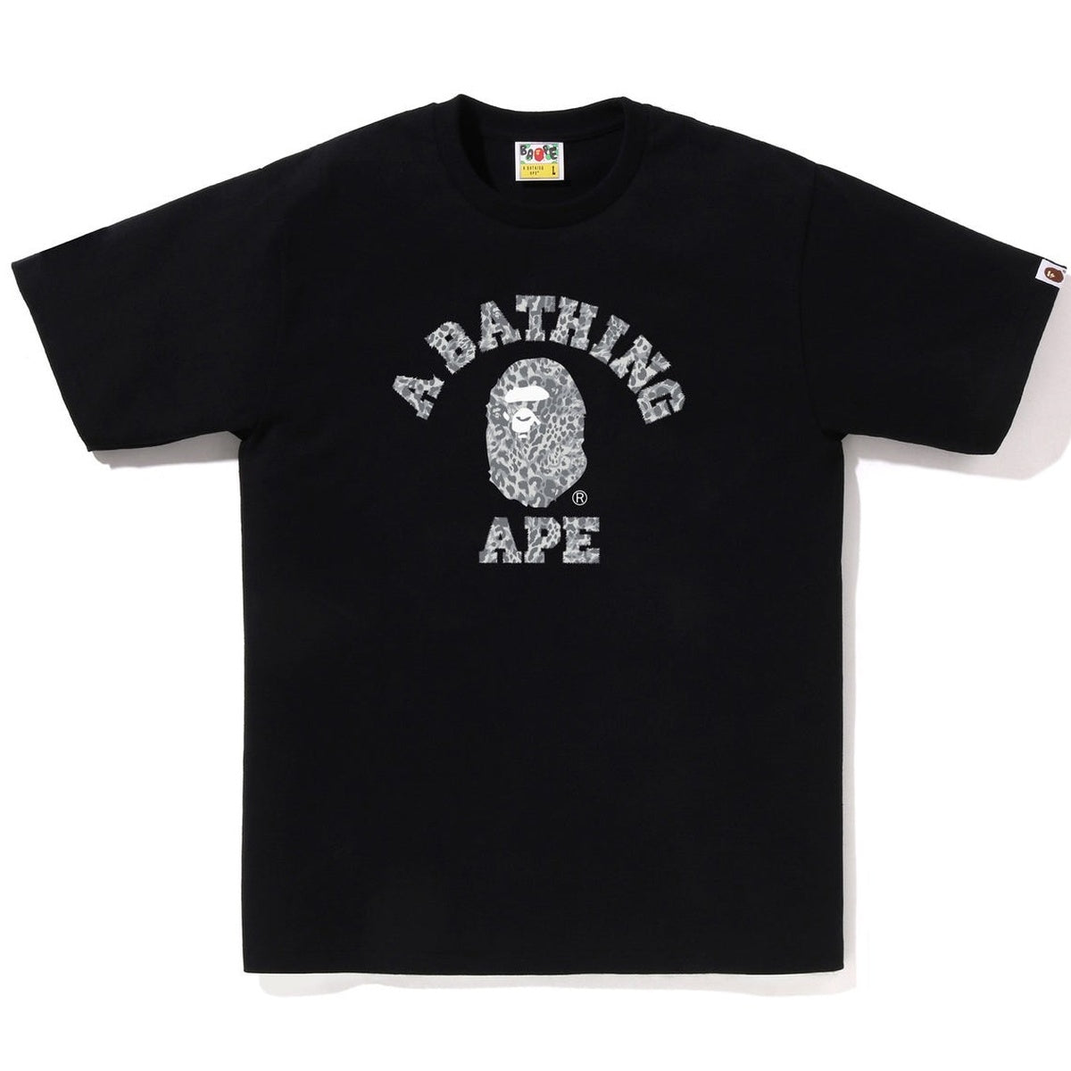 A BATHING APE BAPE WILD LEOPARD PATTERN COLLEGE TEE BLACK GRAY