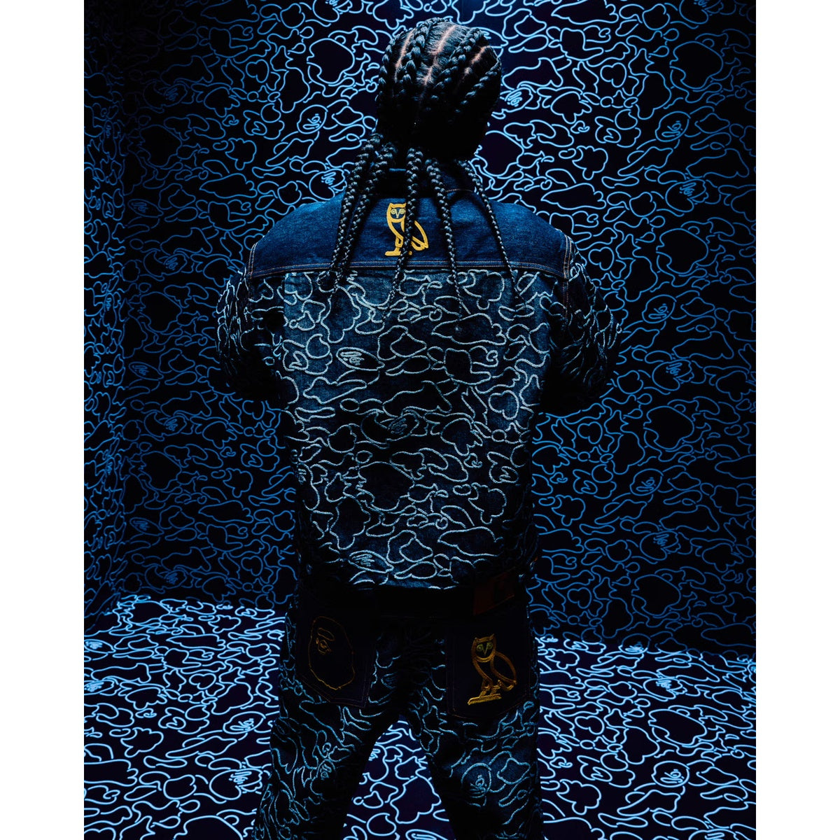 A BATHING APE BAPE OVO NEON 1ST CAMO JACQUARD DENIM JACKET INDIGO