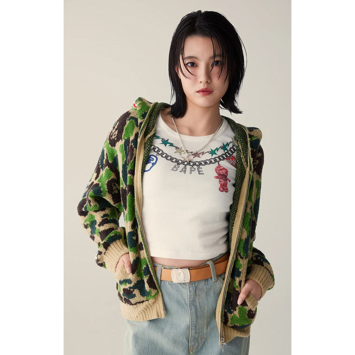 A BATHING APE BAPE LADIES' ABC CAMO TOWEL JACQUARD SHARK CROPPED FULL ZIP HOODIE GREEN