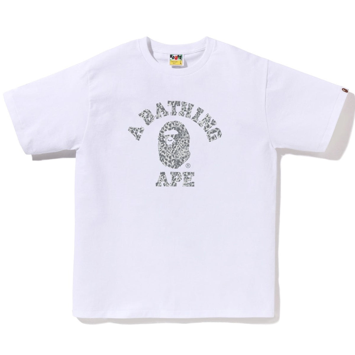 A BATHING APE BAPE WILD LEOPARD PATTERN COLLEGE TEE WHITE GRAY