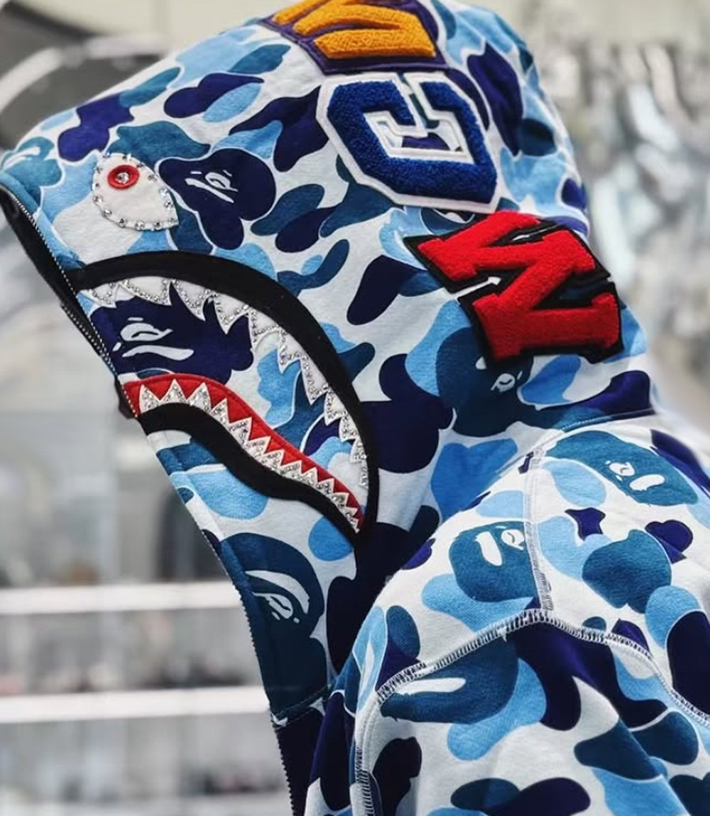 A BATHING APE BAPE ABC CAMO CRYSTAL STONE  SHARK FULL ZIP HOODIE BLUE