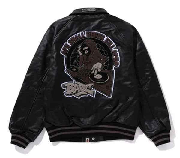 A BATHING APE BAPE (B)APE LEATHER VARSITY JACKET BLACK