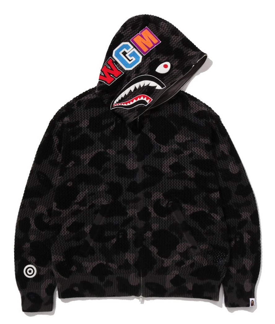 A BATHING APE COLOR CAMO CROCHET RELAXED FIT SHARK FULL ZIP HOODIE BLACK