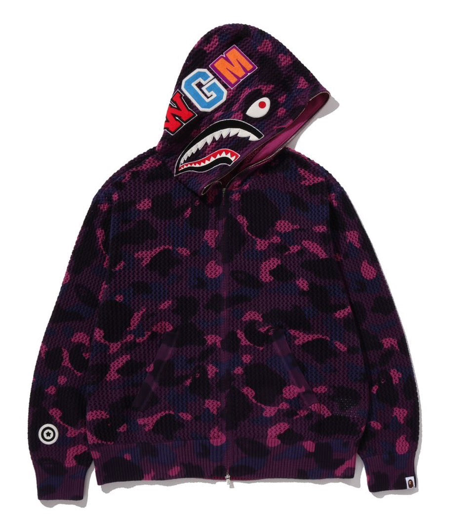 A BATHING APE COLOR CAMO CROCHET RELAXED FIT SHARK FULL ZIP HOODIE PURPLE 2