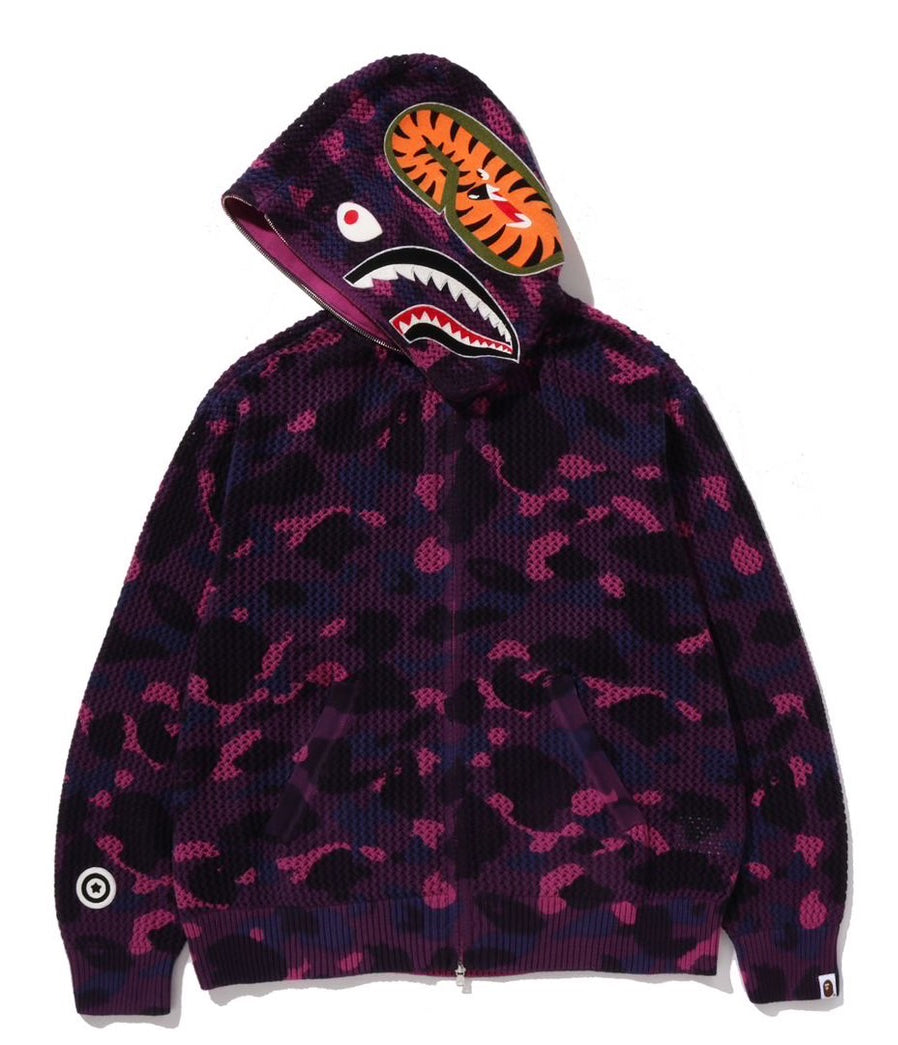 A BATHING APE COLOR CAMO CROCHET RELAXED FIT SHARK FULL ZIP HOODIE PURPLE 12