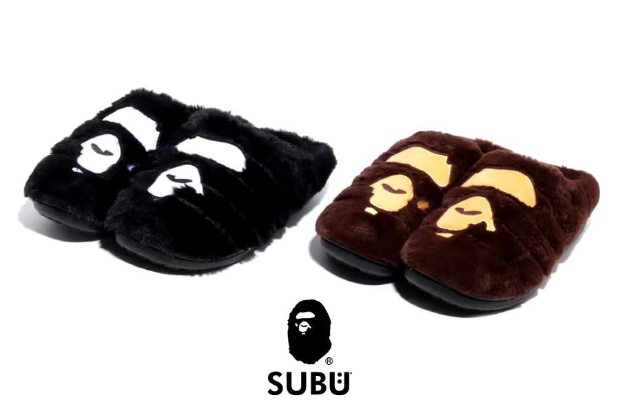 A BATHING APE BAPE x SUBU APE HEAD PUFFER SANDALS w/ POUCH BROWN