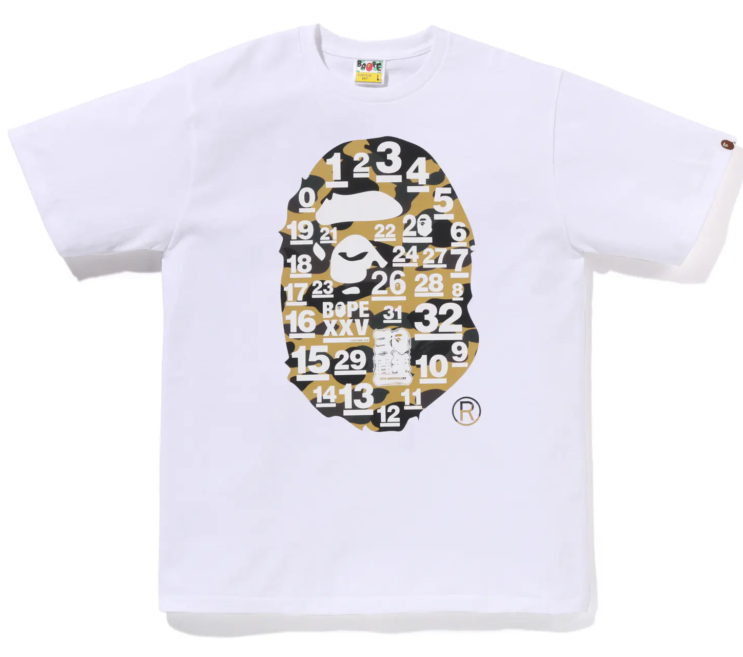 A BATHING APE BAPE 32ND ANNIV. 1ST CAMO BIG APE HEAD TEE WHITE YELLOW