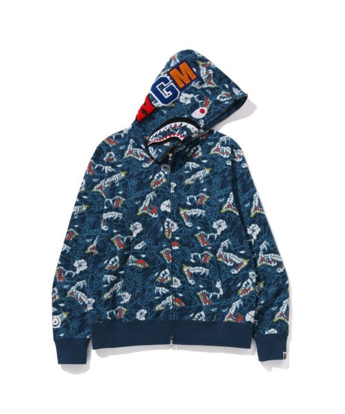 JAPANESE TATTOO CAMO SHARK FZ HOODIE ブルー