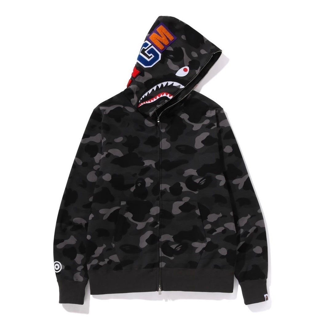 A BATHING APE BAPE COLOR CAMO WGM SHARK FULL ZIP HOODIE BLACK
