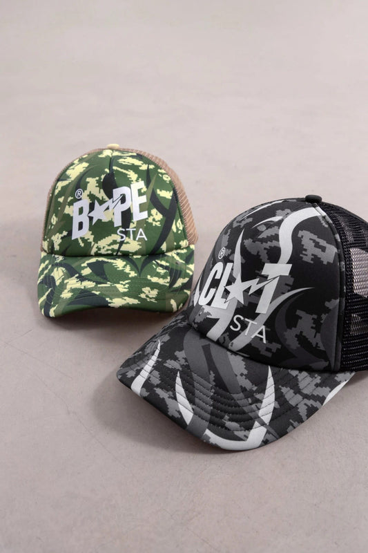 A BATHING APE BAPE CLOT CAMO TRUCKER CAP BLACK