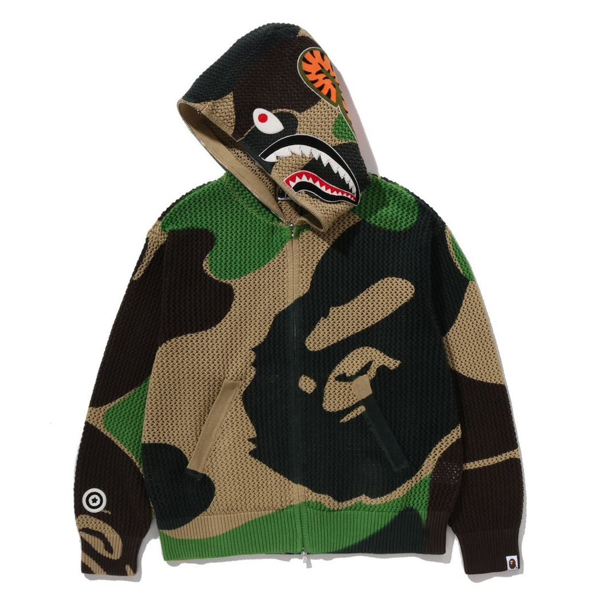 A BATHING APE BAPE ABC CAMO CROCHET SHARK RELAXED FIT FULL ZIP HOODIE GREEN