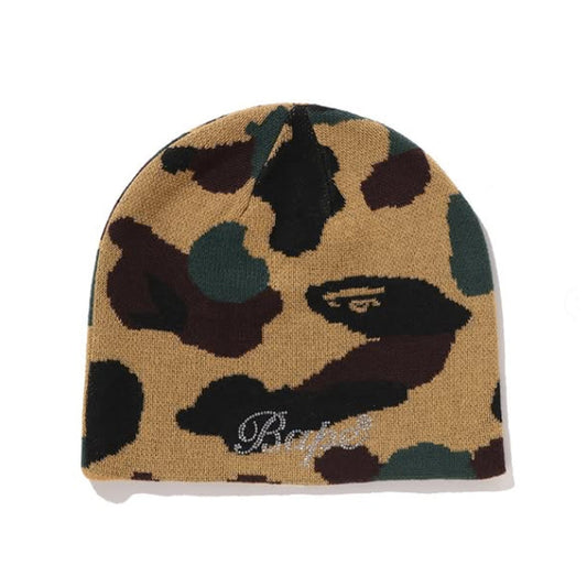 A BATHING APE BAPE LADIES' 1ST CAMO CRYSTAL LOGO BEANIE YELLOW