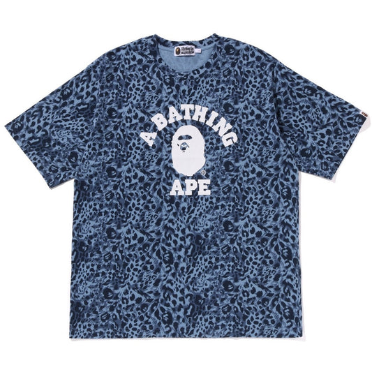 A BATHING APE BAPE WILD LEOPARD PATTERN COLLEGE RELAXED FIT TEE NAVY
