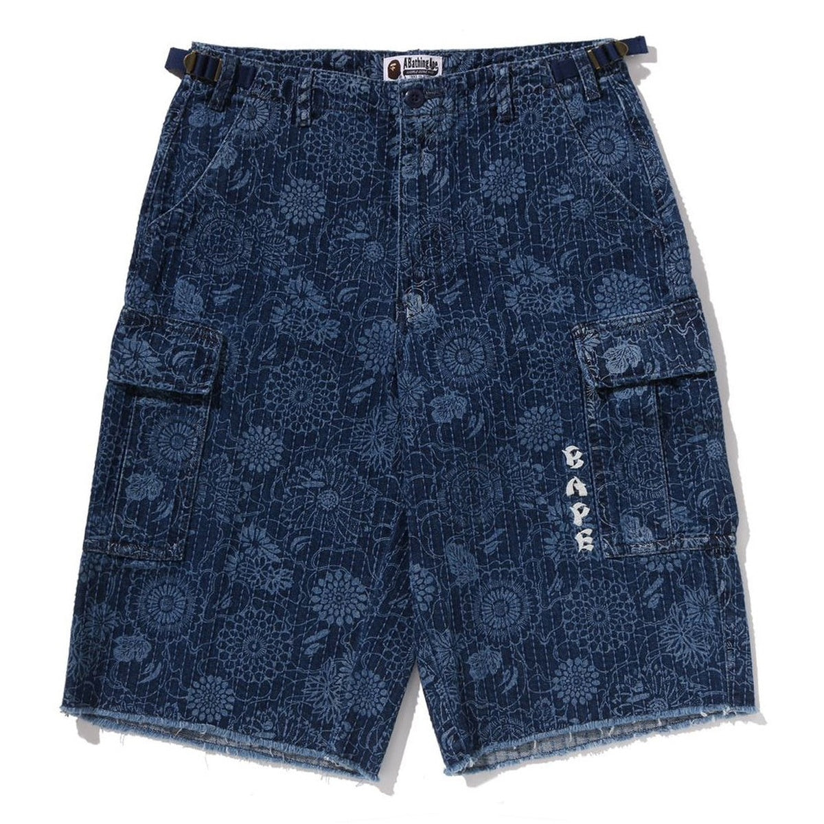 A BATHING APE BAPE JAPANESE INDIGO ART CAMO JUNGLE DENIM RELAXED FIT CARGO SHORTS INDIGO
