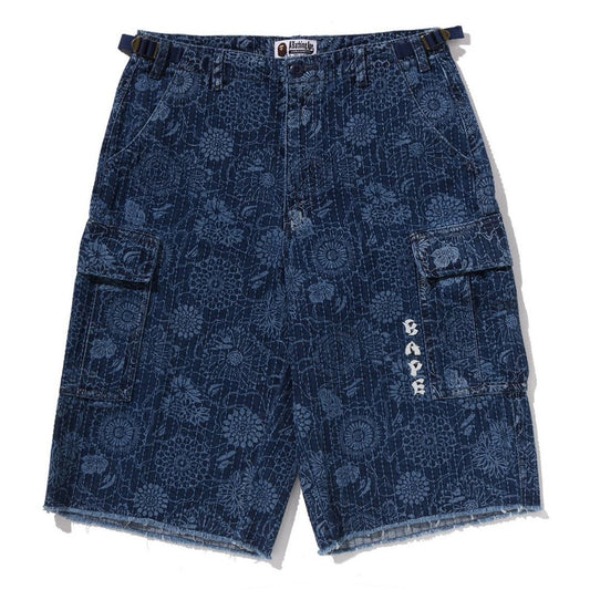 A BATHING APE BAPE JAPANESE INDIGO ART CAMO JUNGLE DENIM RELAXED FIT CARGO SHORTS INDIGO