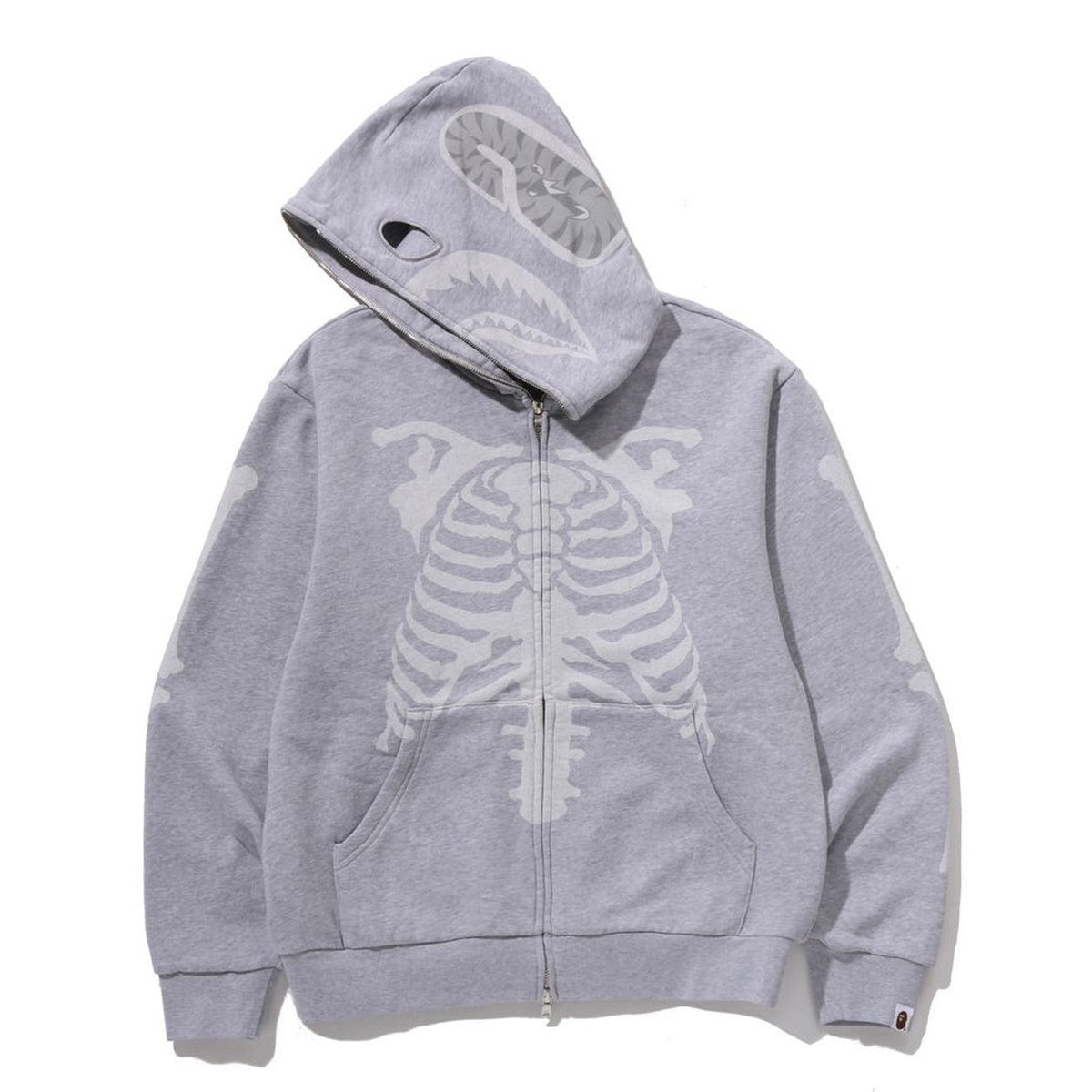 A BATHING APE BAPE SKELETON SHARK HEAVY WASHED CROPPED FIT FULL ZIP HOODIE GRAY