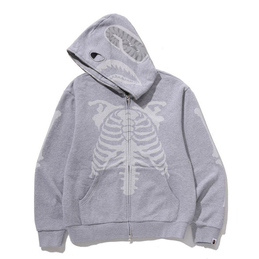 A BATHING APE BAPE SKELETON SHARK HEAVY WASHED CROPPED FIT FULL ZIP HOODIE GRAY