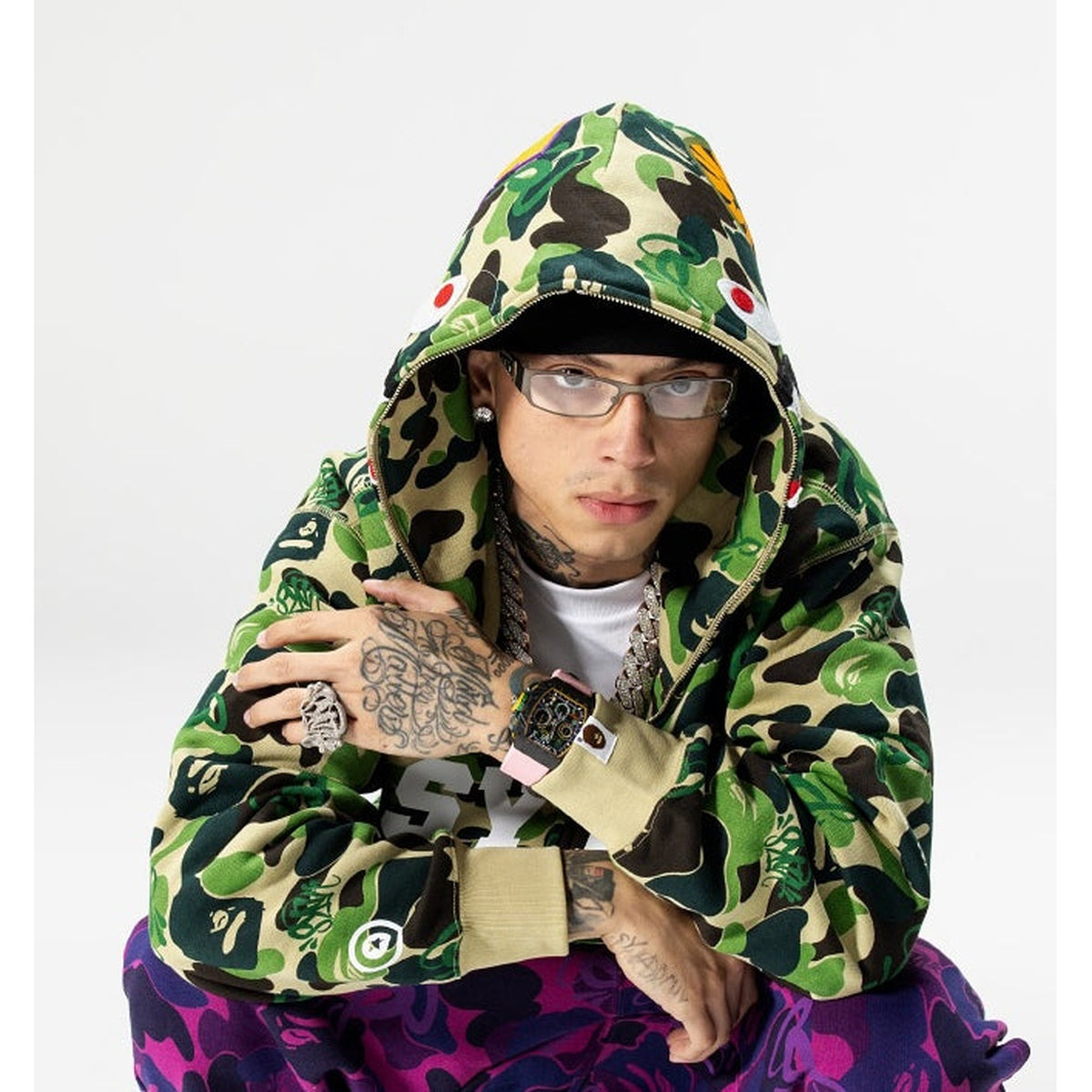 A BATHING APE BAPE SPOTIFY BY CENTRAL CEE CAMO SHARK FULL ZIP HOODIE GREEN