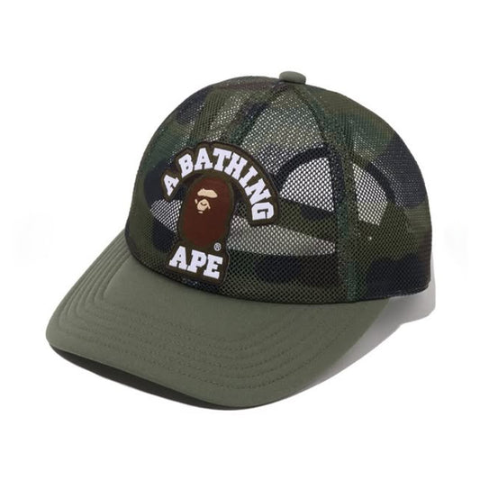 A BATHING APE BAPE 1ST CAMO COLLEGE PATCHED MESH CAP GREEN