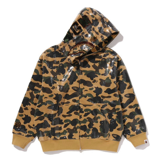 A BATHING APE BAPE 1ST CAMO SEQUIN SHARK RELAXED FIT FULL ZIP HOODIE YELLOW