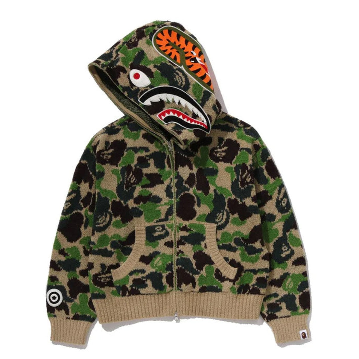 A BATHING APE BAPE LADIES' ABC CAMO TOWEL JACQUARD SHARK CROPPED FULL ZIP HOODIE GREEN