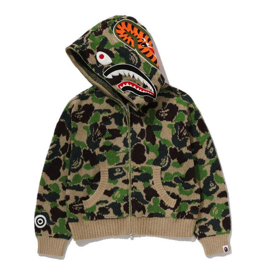 A BATHING APE BAPE LADIES' ABC CAMO TOWEL JACQUARD SHARK CROPPED FULL ZIP HOODIE GREEN