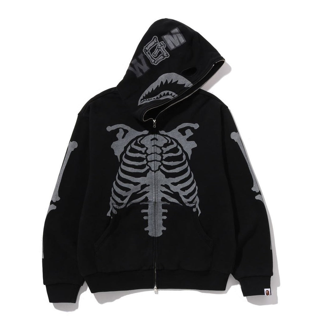A BATHING APE BAPE SKELETON SHARK HEAVY WASHED CROPPED FIT FULL ZIP HOODIE BLACK
