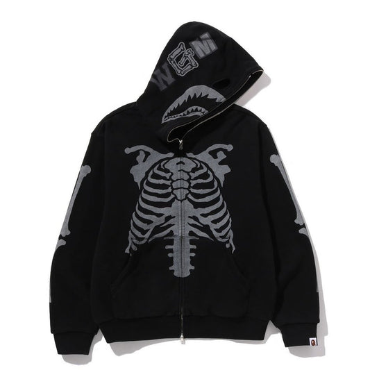 A BATHING APE BAPE SKELETON SHARK HEAVY WASHED CROPPED FIT FULL ZIP HOODIE BLACK