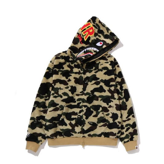A BATHING APE BAPE 1ST CAMO 2ND SHARK BOA HOODIE JACKET YELLOW