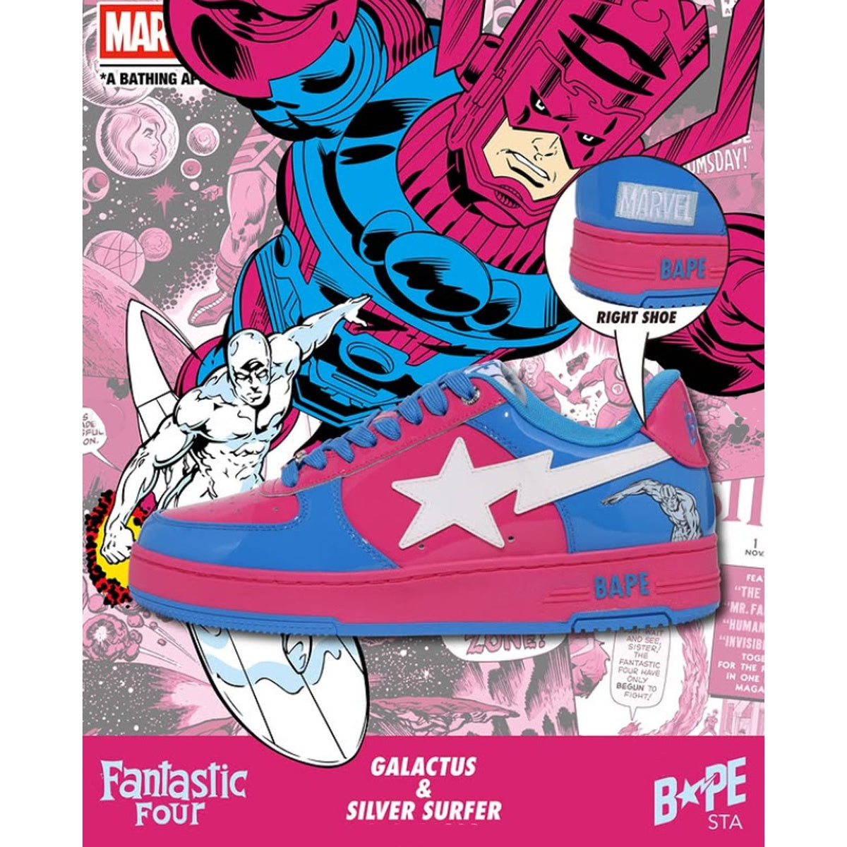 A BATHING APE BAPE STA BAPE F4 MARVEL THE FANTASTIC 4 GALACTUS & SILVER SURFER PINK