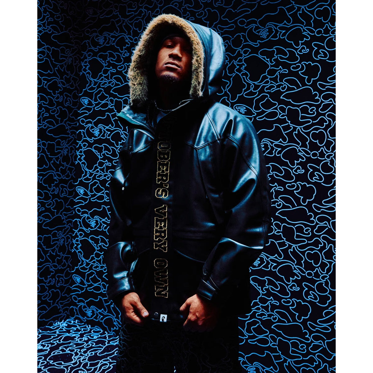 A BATHING APE BAPE OVO SYNTHETIC WASHABLE LEATHER SNOWBOARD JACKET BLACK