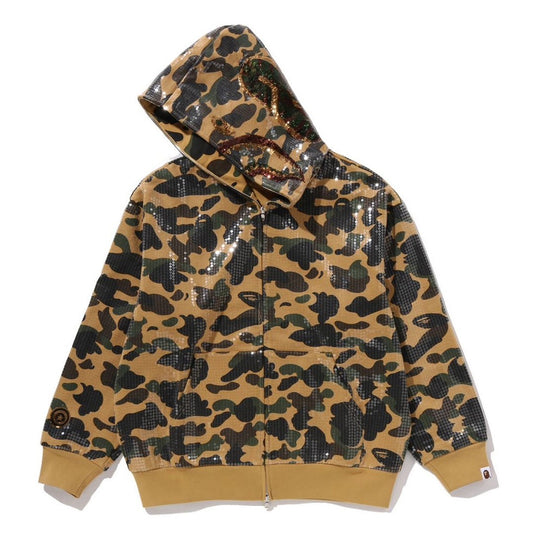 A BATHING APE BAPE 1ST CAMO SEQUIN SHARK RELAXED FIT FULL ZIP HOODIE YELLOW