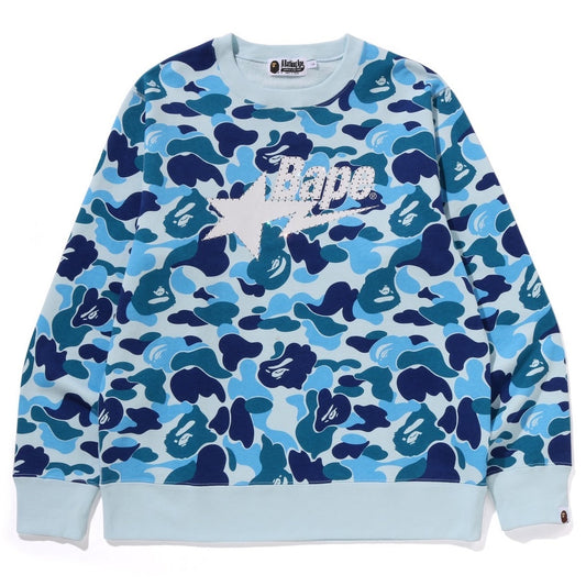 A BATHING APE ABC CAMO RHINE STONE BAPE STA CREWNECK SWEAT SHIRT BLUE