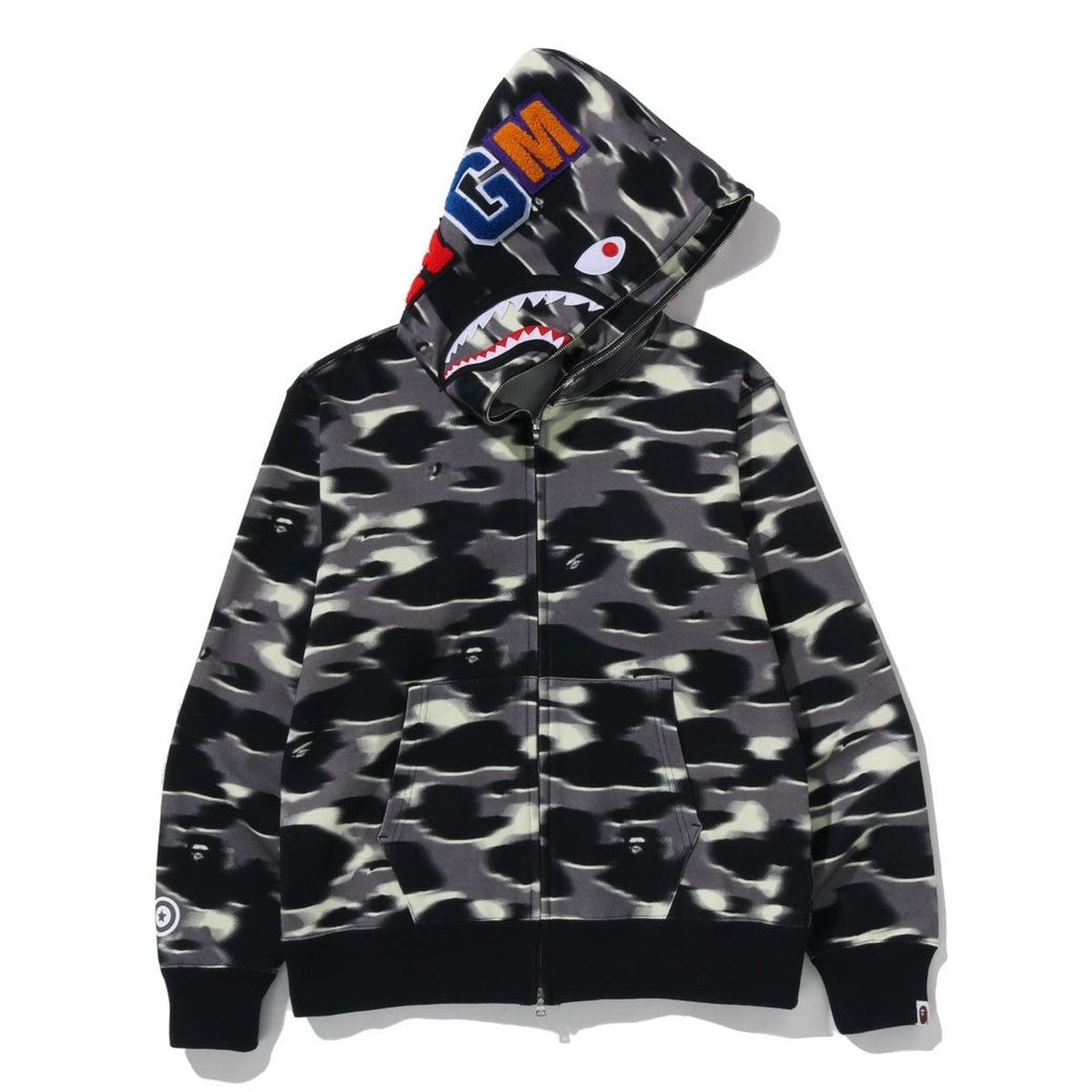 A BATHING APE BAPE SCREEN CAMO SHARK FULL ZIP HOODIE BLACK