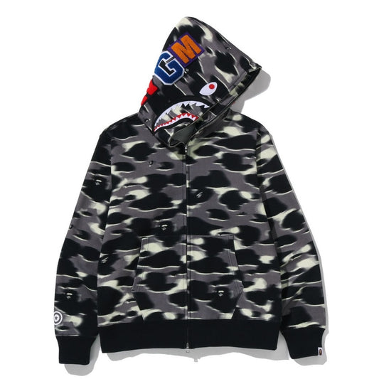 A BATHING APE BAPE SCREEN CAMO SHARK FULL ZIP HOODIE BLACK