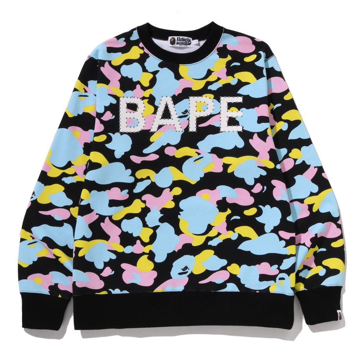 A BATHING APE BAPE NEW MULTI CAMO RHINESTONE REGULAR FIT CREWNECK SWEAT SHIRT BLACK