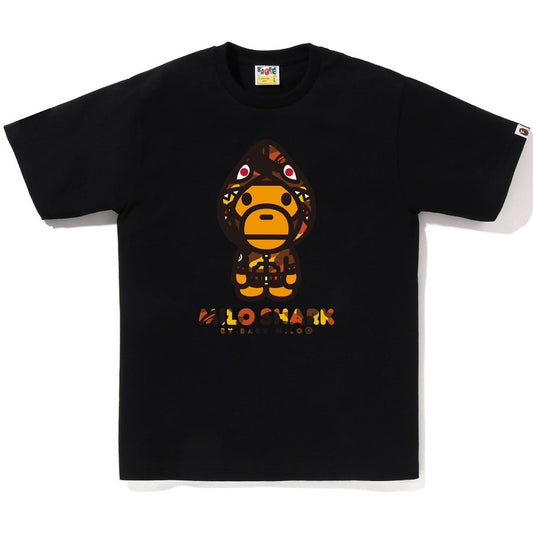 A BATHING APE BAPE 1ST CAMO MILO SHARK FZH TEE BLACK ORANGE