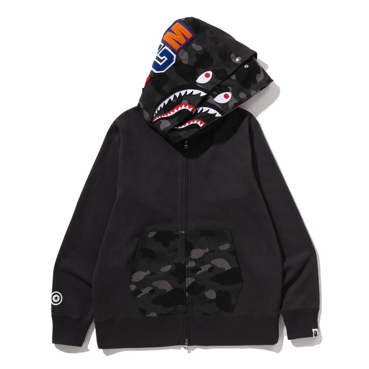 A BATHING APE BAPE COLOR CAMO SHARK FULL ZIP DOUBLE HOODIE BLACK