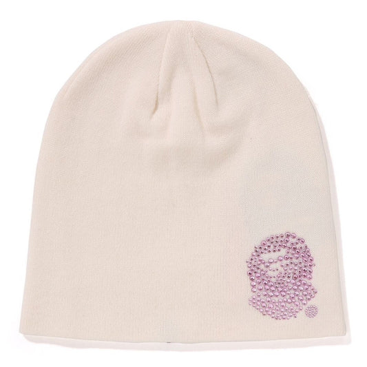 A BATHING APE BAPE Ladies' CRYSTAL APE HEAD BEANIE WHITE