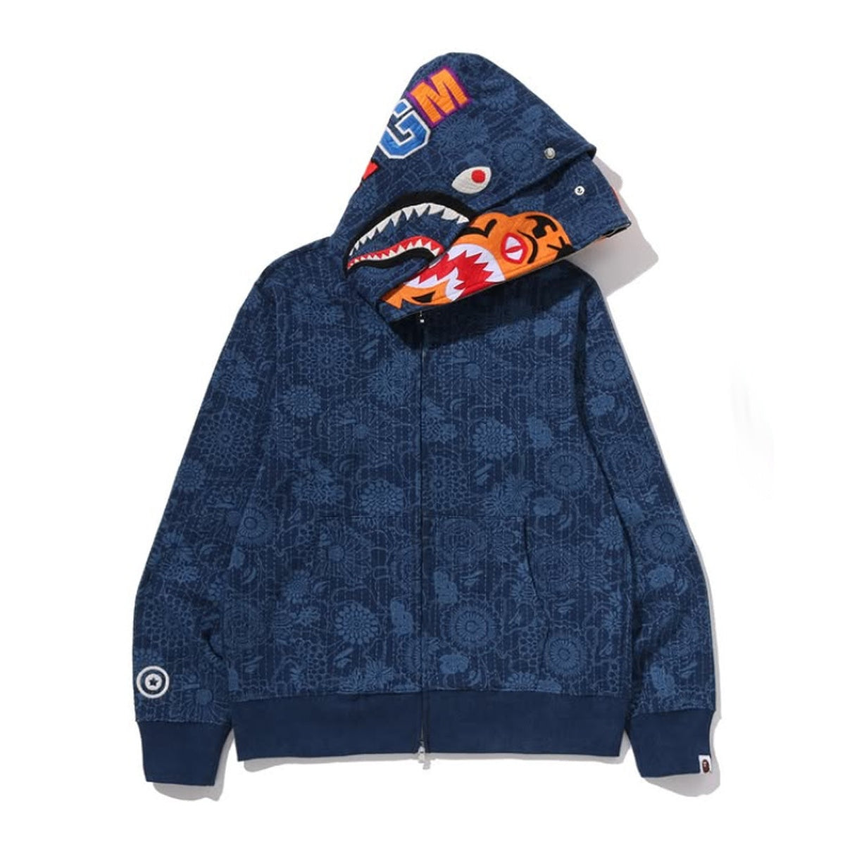 A BATHING APE BAPE JAPANESE INDIGO ART CAMO DOUBLE TIGER SHARK FULL ZIP HOODIE INDIGO
