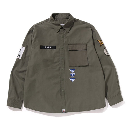 A BATHING APE BAPE BATHING APE LOGO MILITARY L/S SHIRT OLIVE
