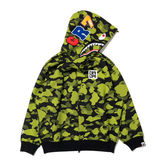 A BATHING APE BAPE CR7 LIFE LOGO RELAXED FIT SHARK FULL ZIP HOODIE GREEN