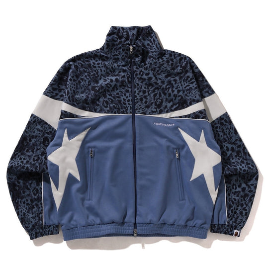 A BATHING APE BAPE WILD LEOPARD PATTERN RELAXED FIT TRACK JACKET BLUE