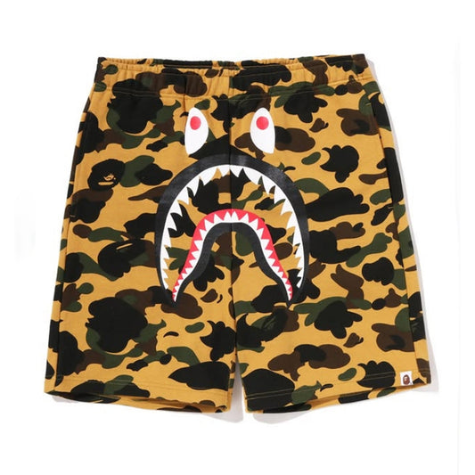 A BATHING APE BAPE 1ST CAMO SHARK SWEAT SHORTS YELLOW