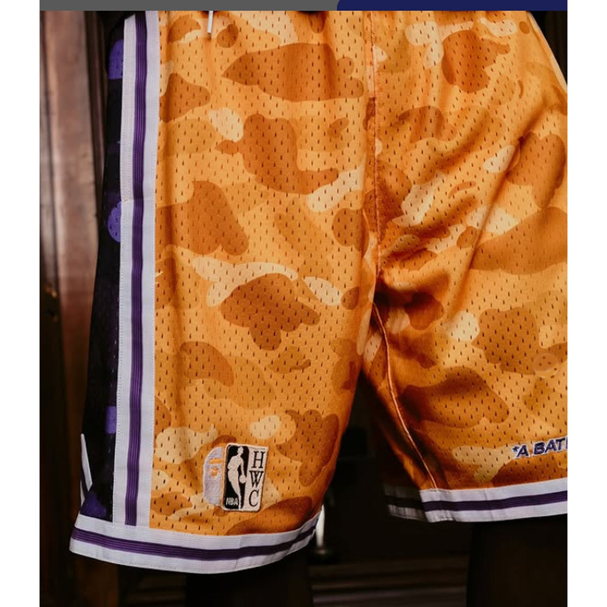 A BATHING APE BAPE M&N NBA LOS ANGELS LAKERS SWINGMAN SHORTS YELLOW