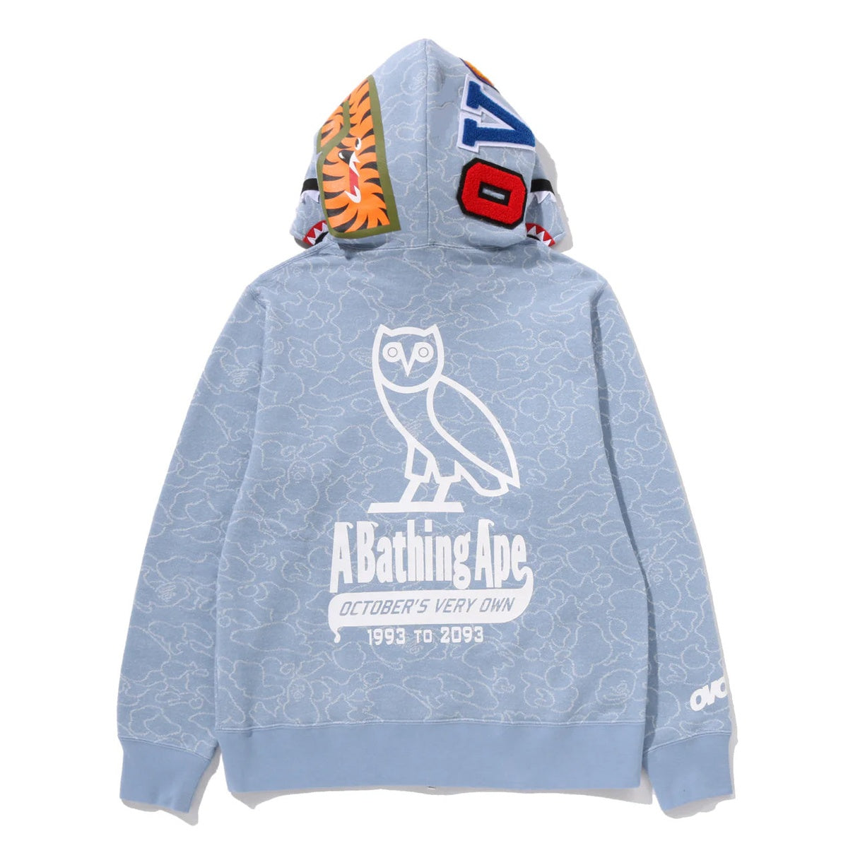 A BATHING APE BAPE OVO NEON 1ST CAMO JACQUARD SHARK FULL ZIP HOODIE INDIGO