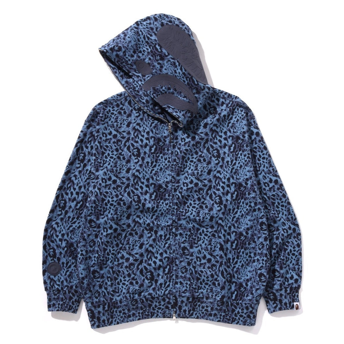 A BATHING APE BAPE WILD LEOPARD PATTERN SHARK RELAXED FULL ZIP HOODIE NAVY