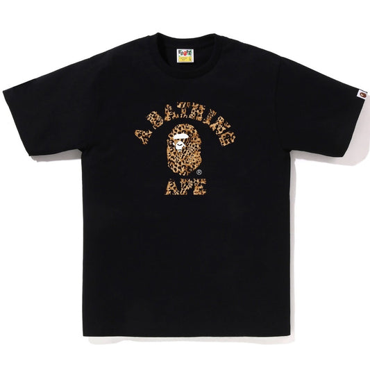 A BATHING APE BAPE WILD LEOPARD PATTERN COLLEGE TEE BLACK BEIGE