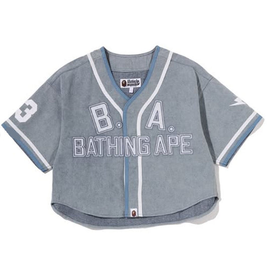 A BATHING APE BAPE Ladies' MULTI LOGO DENIM CROPPED BASEBALL SHIRT LIGHT INDIGO